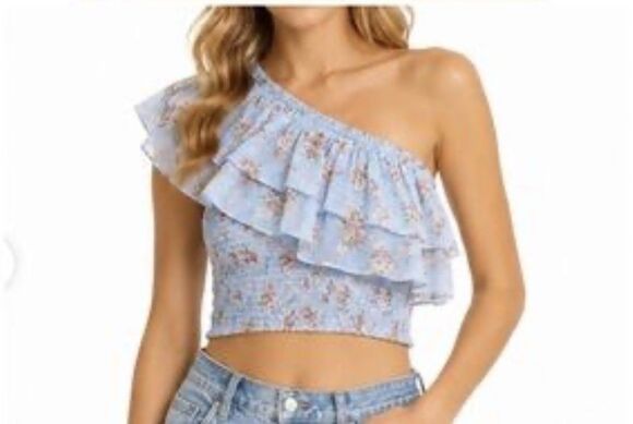 Abercrombie & Fitch Tops - Abercrombie & Fitch Asymmetrical Ruffle 1 Shoulder Top Light Blue Floral Xl
